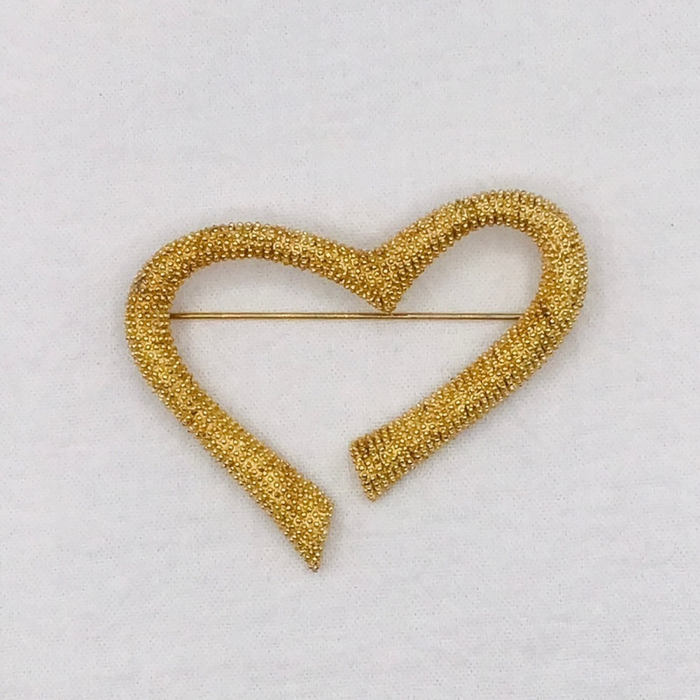 Vintage Erwin Pearl Brooch Large Heart Open Granulated Texture Gold Tone